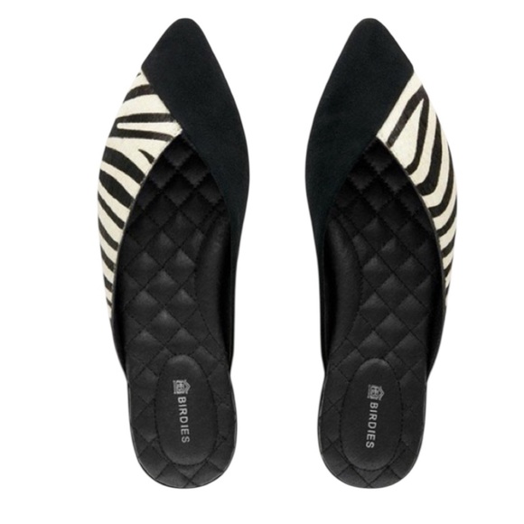 Birdies The Swan Black Suede Zebra Calf Hair Flat Slide Mules Black Size 7.5 - Picture 1 of 14